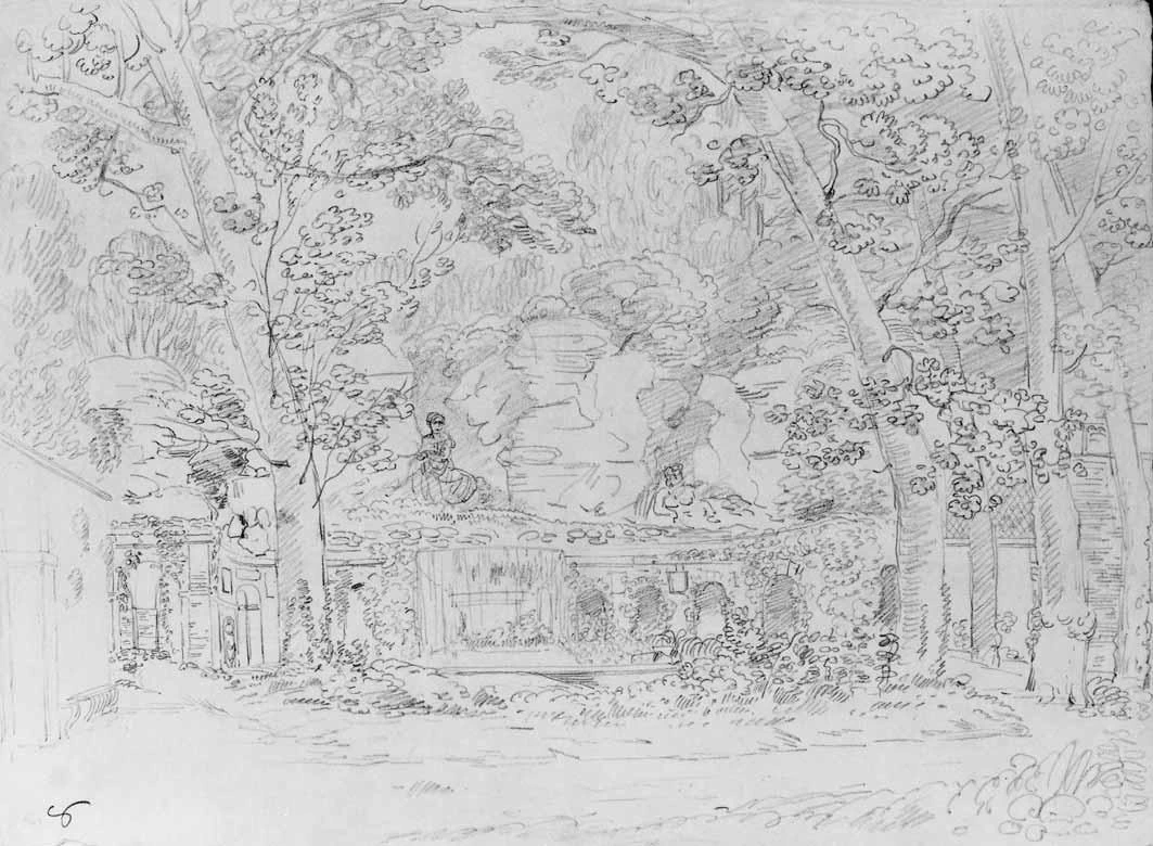 Luigi Basiletti-86-Fontana con statue tra gli alberi